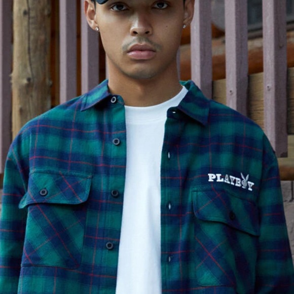 Playboy Green Flannel Plaid Shirt Large 